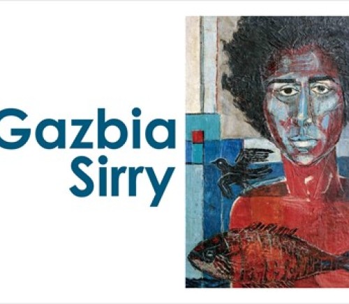 A painting in reds and blues next to the name Gazbia Sirry on a white background